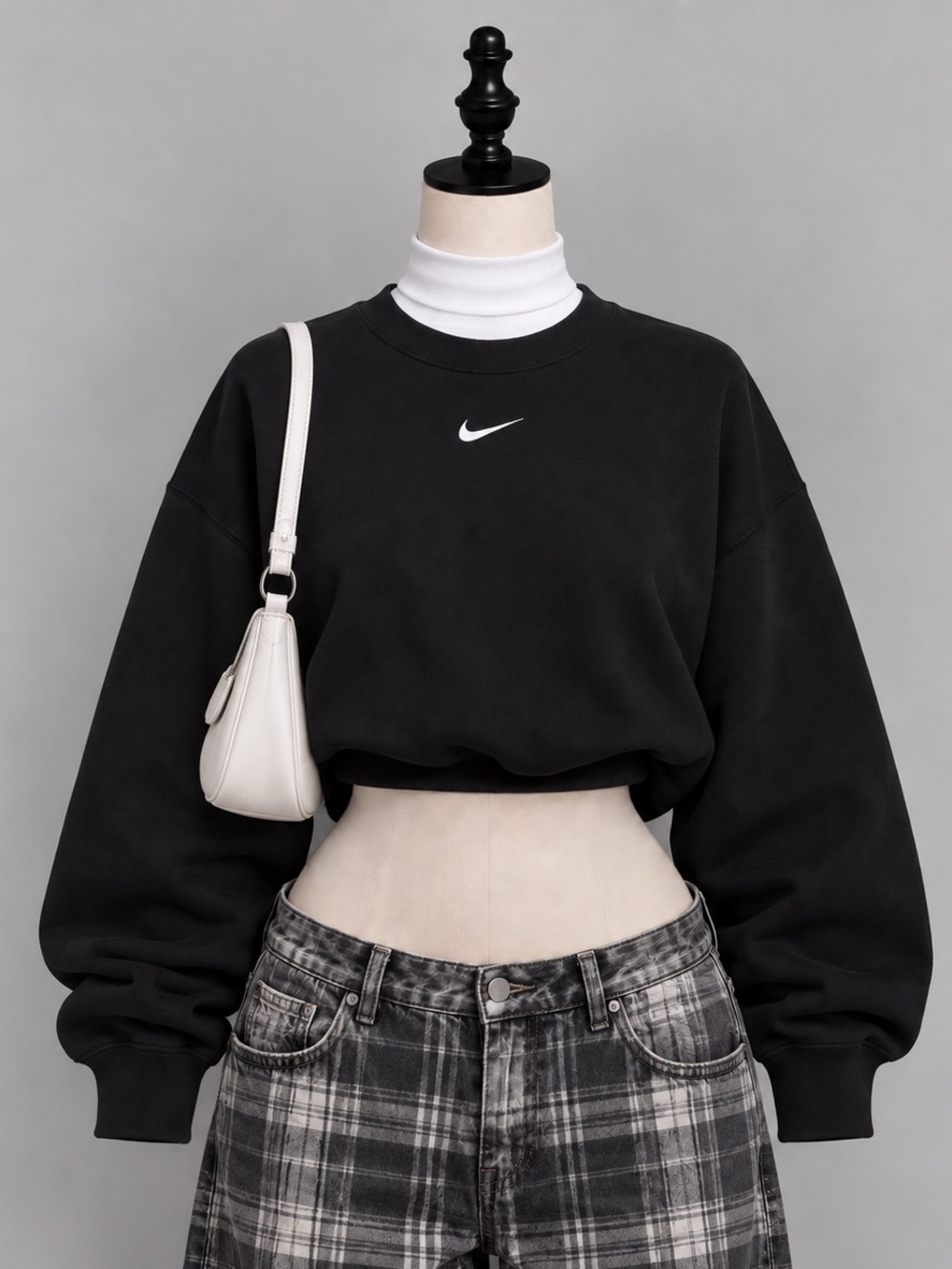 Nike Phoenix Fleece Oversized Center Mini Swoosh Crewneck Sweatshirt Black XS